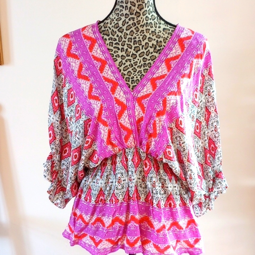 Umgee Double V  Riley Boho Blouse Size:S Color:Purple/Orange NWT